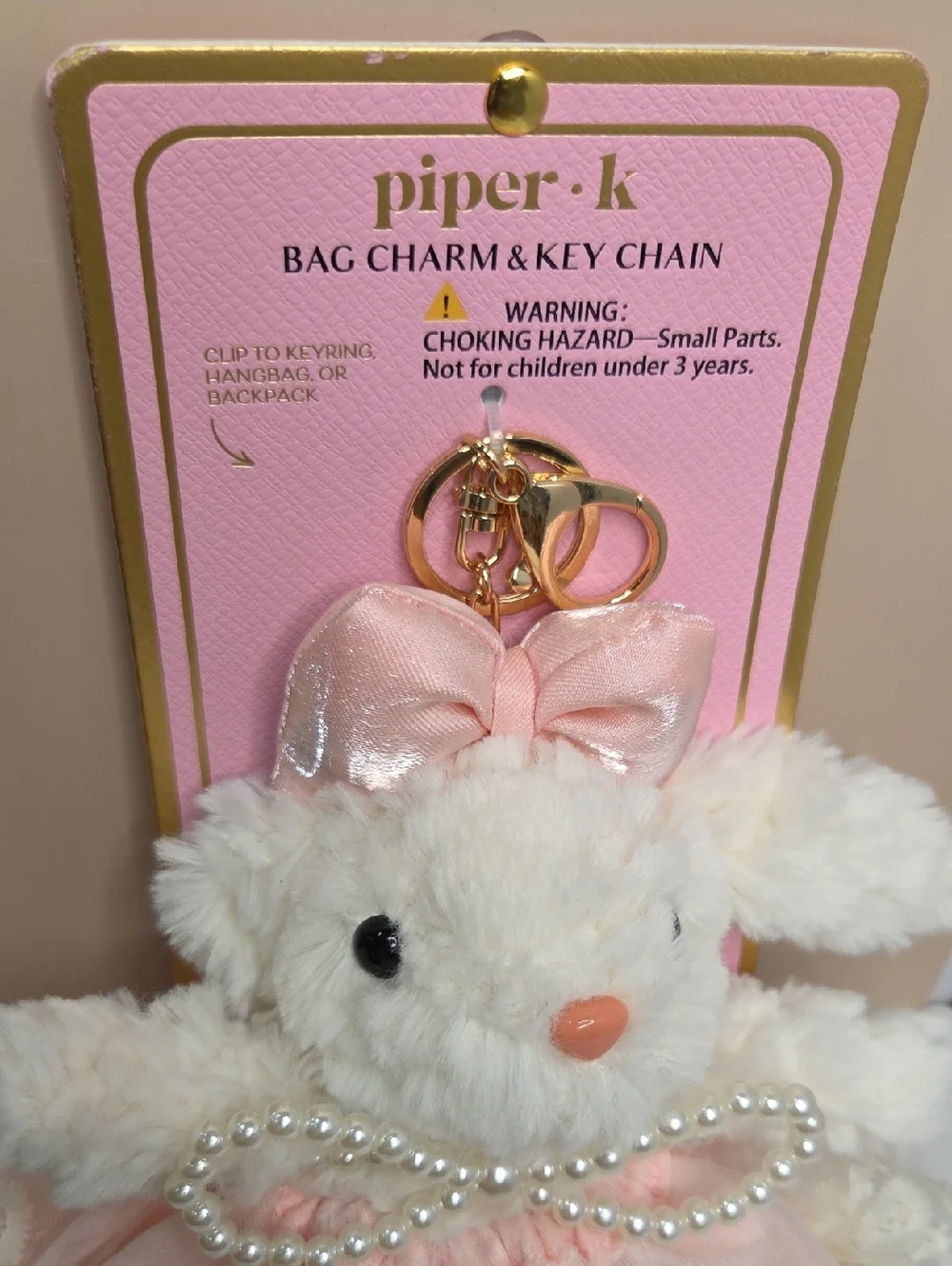 💕▪️Piper K ▪️Plush Bunny Keychain Card Holder in Pink with Pearl Bow